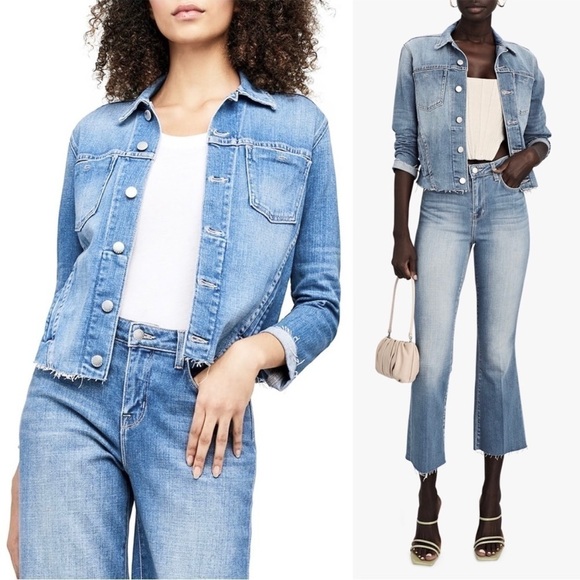 NWT L'AGENCE 90s Distressed Vintage Wash Denim Raw Hem Crop Slim Jean Jacket XS - Picture 4 of 16